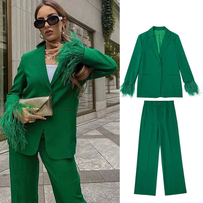 Ternos femininos Blazers Fashion Feather 2 Peças Conjunto 2022 Autumn Novo elegante Jaqueta Verde Moda Formal Chique O escritório feminino Conjunto de 2 peças P230522