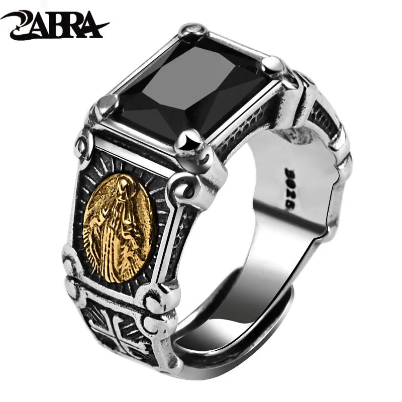 Anelli ZABRA Vintage Reale 925 Sterling Silver Anello di Pietra Nera Uomo Donna Vergine Maria Anelli Cubic Zirconia Onice Gioielli Formato Aperto