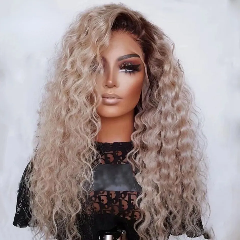 Cinza loira encaracolado frente do laço perucas de cabelo humano para as mulheres brasileiro 360 onda profunda frontal sintético peruca cosplay drag queen