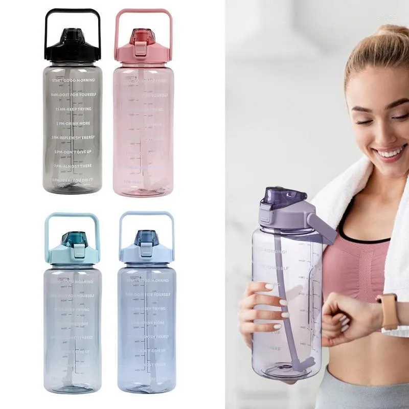 Bottiglie d'acqua Inspirational Bottle 2 Bevande sportive con cannuccia e segnatempo Grande portatile per lo sport Fitness