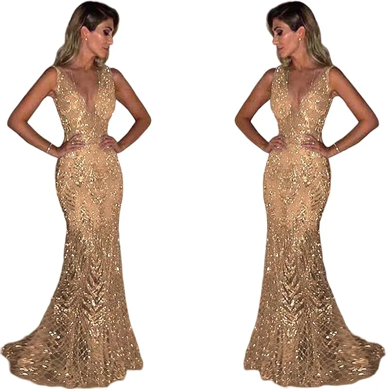 sequined Prom Dresses 2023 Vestido De Gala Evening Gown Vestidos Do Baile De Finalistas Women Maxi Dresses V neck Long Bride Party Sleeveless Sequins Evening Gown