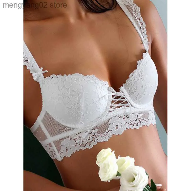 Bras SP CITY 1pcs Bangdage Lace Transparent Bra Women Floral Embroidered Sexy Push Up Gathered Bra Vintage Soft Adjusted Brassier T230522