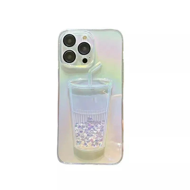 Étui de tasse de thé au lait arc-en-ciel dégradé de luxe pour iPhone 14 13 12 11 Pro Max Bling Diamond Lemon Liquid Quicksand Glitter Couverture transparente