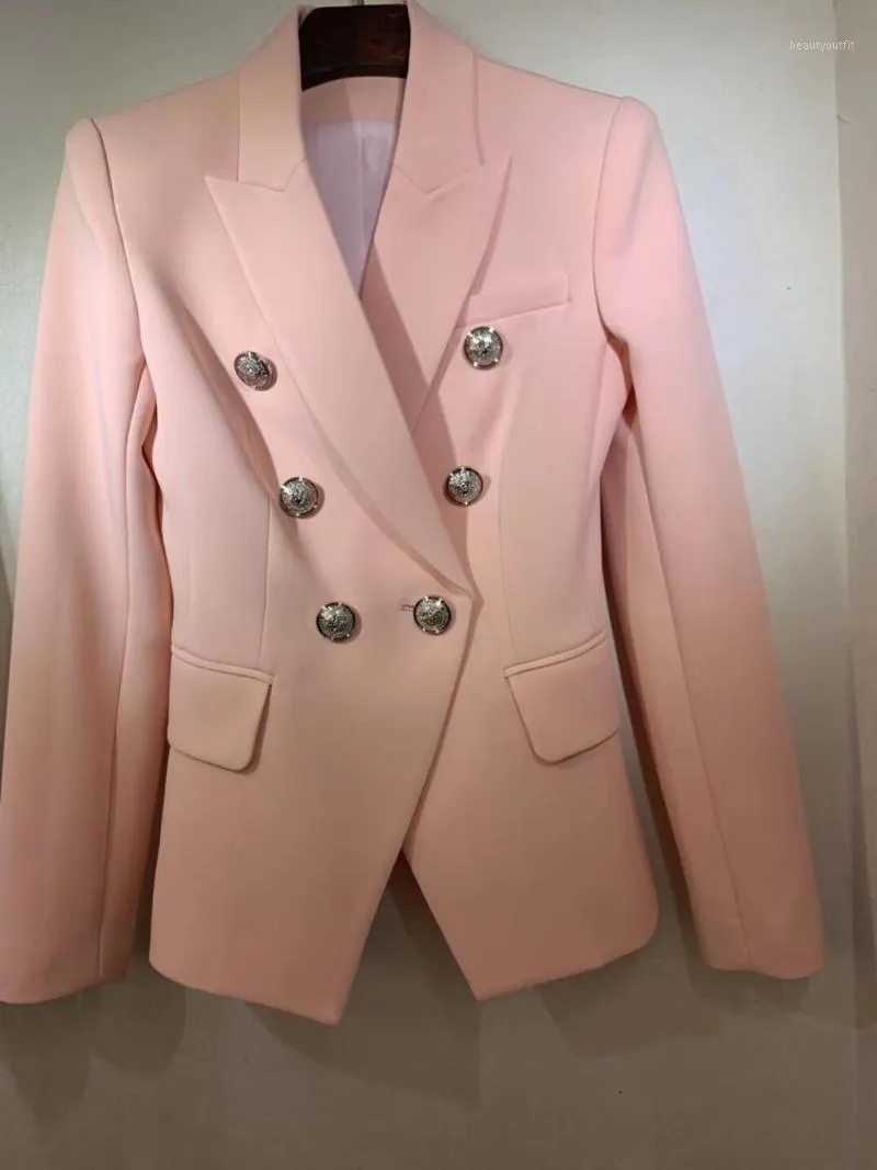 Women's Suits ElfStyle Sweet Pink Double Breasted Blazers Pionted Collar Front Silver Buttoned UP Long Sleeved Cuffs Chest Pockets &