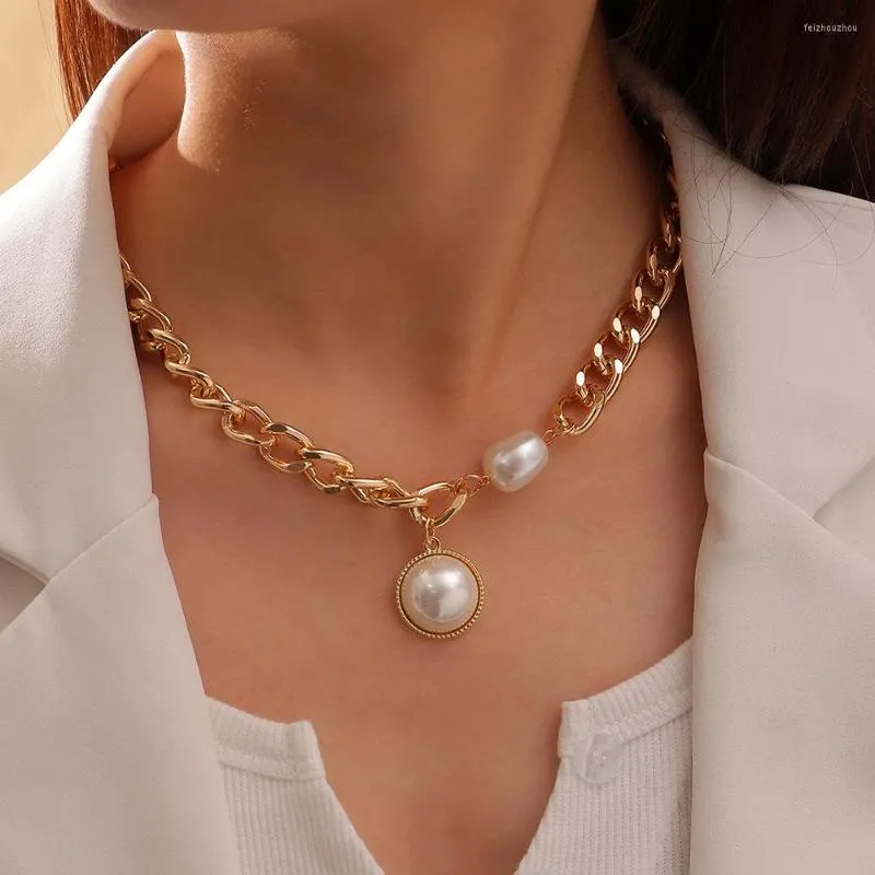 Chains Punk Imitation Pearl Round Geometric Pendant Necklaces For Women Initial Necklace Chunky Chain Choker Party Jewelry Accessories