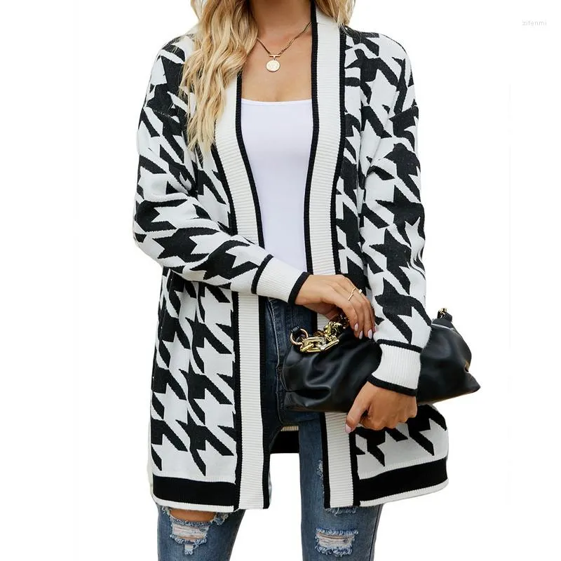 Women's Jackets Ladies Autumn Mid-length Knitwear Clothes Women Contrast Color Houndstooth Pattern V-neck Long Sleeve Coat Knitted Cardigan