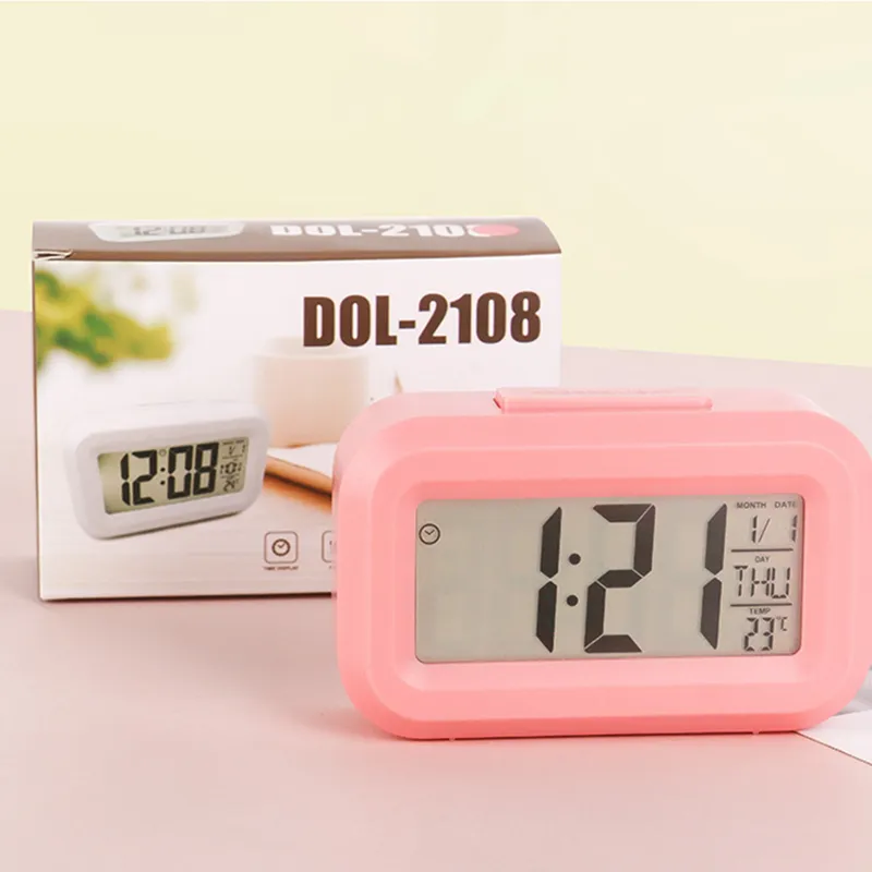 Sveglia muta in plastica LED Smart Temperature Carino fotosensibile da comodino Sveglie digitali Snooze Nightlight Calendario Orologio da tavolo da tavolo