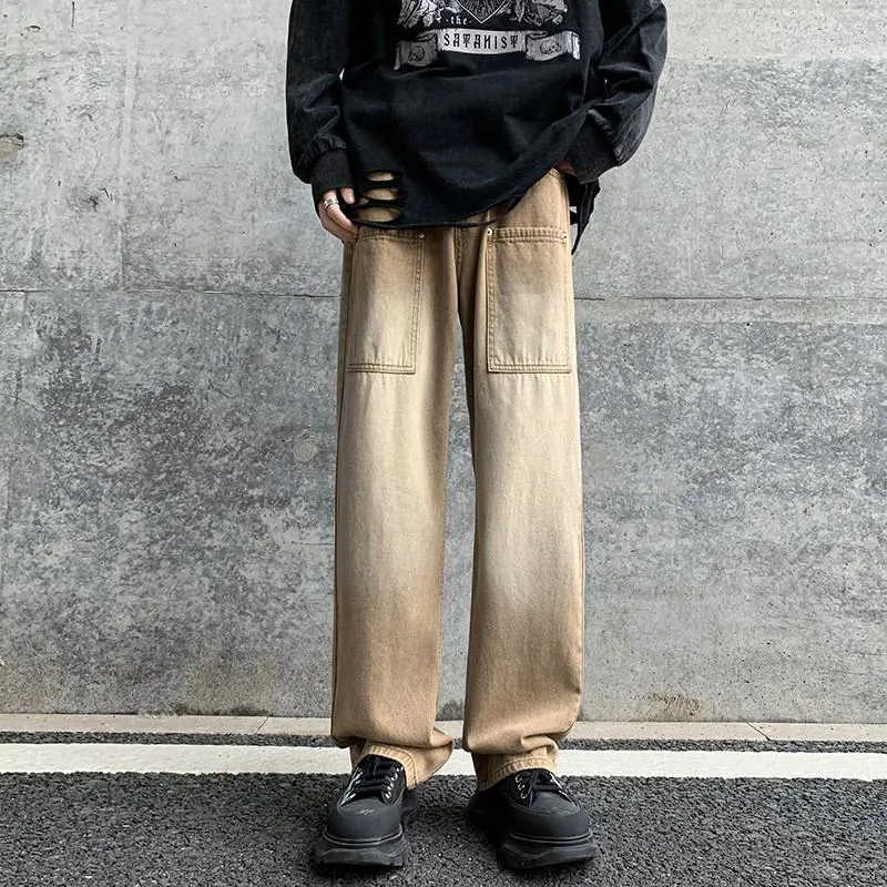 Mäns jeans High Streetwear Khaki Wash Made Men's Straight Loose Multi Pocket Wide Leg Pants Fashion Denim Hip Hop Harajuku Byxor