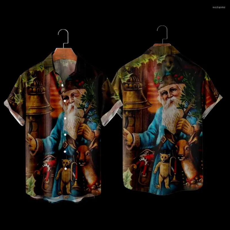 Camisas casuales para hombres Camisa de Navidad con estampado de guitarra y Papá Noel Elegante estilo de playa hawaiana de Harajuku Manga corta