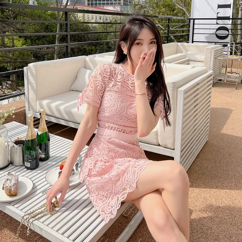 Pink Paisley Lace Short Sleeve A Line Casual Midi Dress Summer Daily Outfit From Shunlifacai669 120.45 In Bulk DHgate.Com