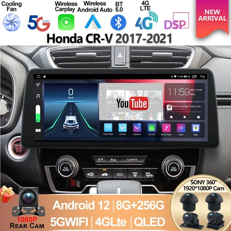 Rádio multimídia de carros de 12.3 polegadas para Honda CRV CR-V 2017 2018 2019 2020 2021 1920*720DVD QLED Android12 Screen CarPlay Video Player-3