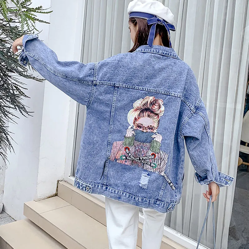 Women Denim designer Jacket Fashion Streetwear Letter Stylish 2023Chic Printed Ripped Holes Jean Patchwork BF Style Jeans Female Coat