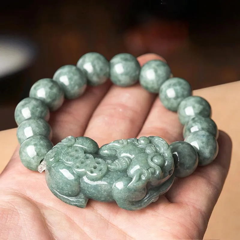 Bangle Genuine Natural Jade Lucky Pixiu Pulseira Homens Certificado Burma Jades Pedra Redonda Elástica Frisada Pingente Pulseiras Jadeite Bangles