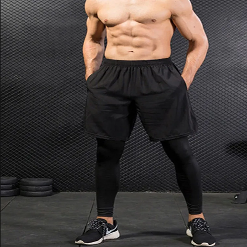Mens Tights Fake Two Piece Set For Fitness Sports Running Training