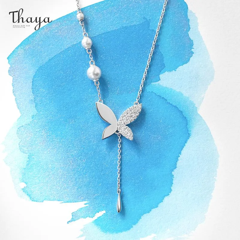 ネックレスThaya Women Silver Color Color Color Color Buterly Necklace Pave Zircon Pendants Thin Chain Necklace 45cm for Women Trend Jewelry 2021ギフト