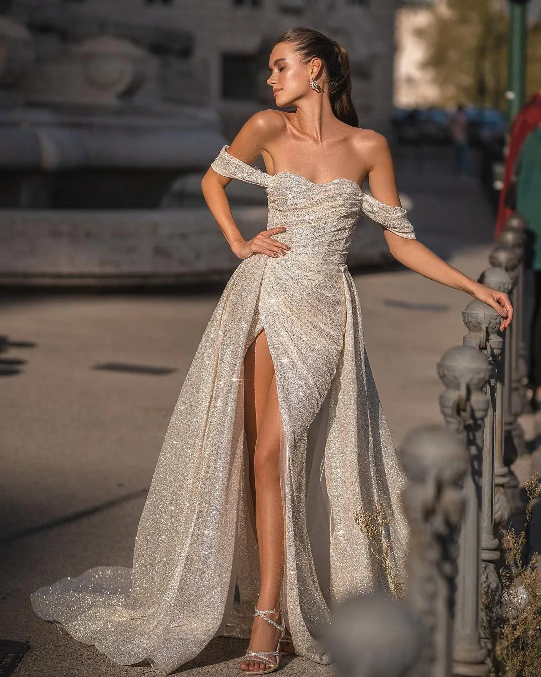 Berta Off Shoulder Sheath Dresses for Bride Glitter Sequins Wedding Dress with Detachable Skirt Thigh Slit Robe de Mariee Bridal Gowns