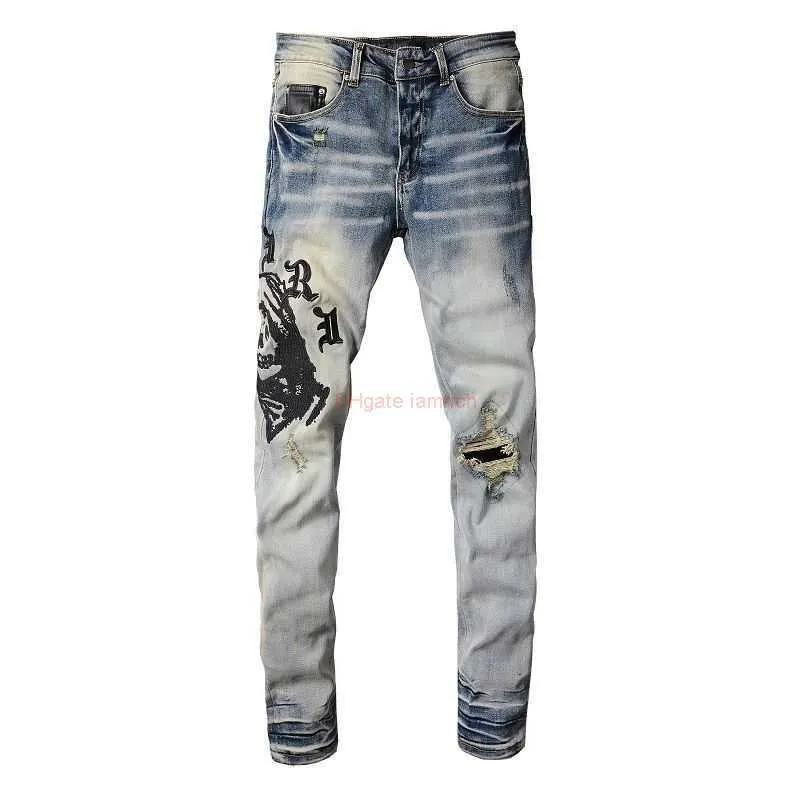 Designer Kleding Amires Jeans Spijkerbroek High Street Amies Modemerk 882 Blauw Gorilla Hoofd Borduurwerk Stretch Gat Trend Slank Recht Small Feet Jeans Man Di