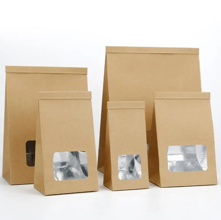 Sacchetti di imballaggio Sacchetto di carta kraft in alluminio con finestra trasparente Tin Tie Tab Lock Brown Cookie Tè Caffè SN6901