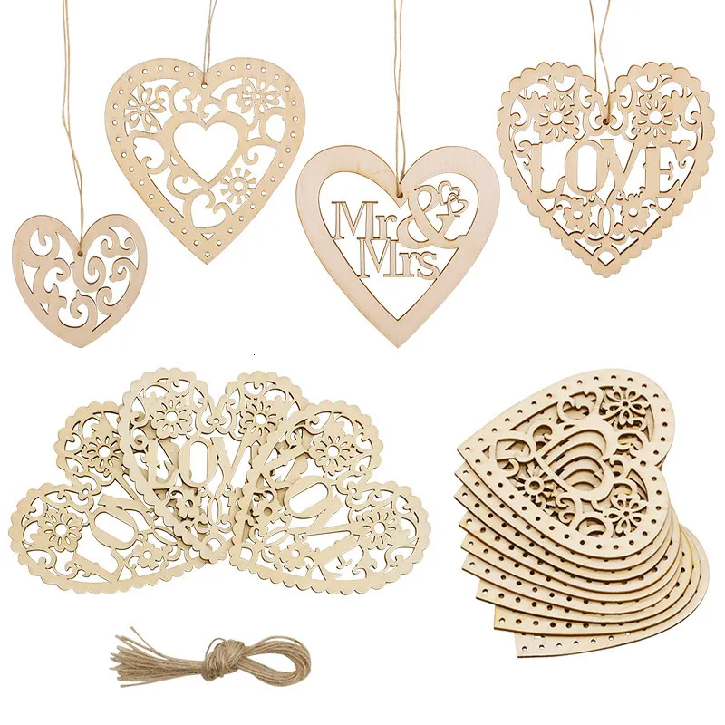 10Pcs Hollow Wooden LOVE Heart Pendant Laser Cut Love Heart Hanging Ornament Wood Rustic Wedding Decoration