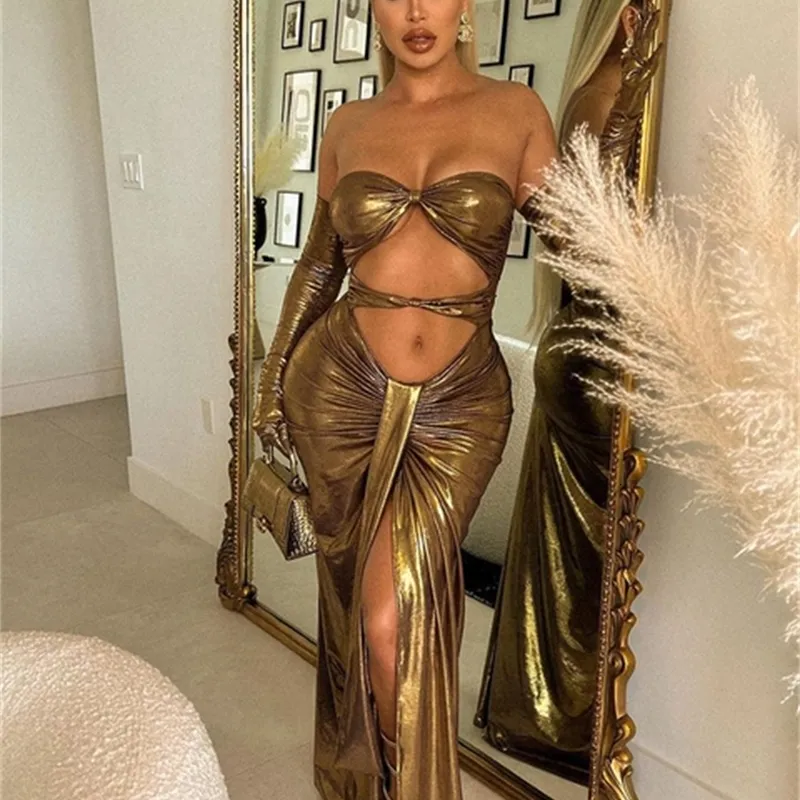 Y2K Prom Dress Pu Leather Strapless Maxi Dress With Draped Folds, Hollow  Out Slit, Elegant Evening Party Dress With Gloves From Jiao02, $22.52 In  Bulk | DHgate.Com