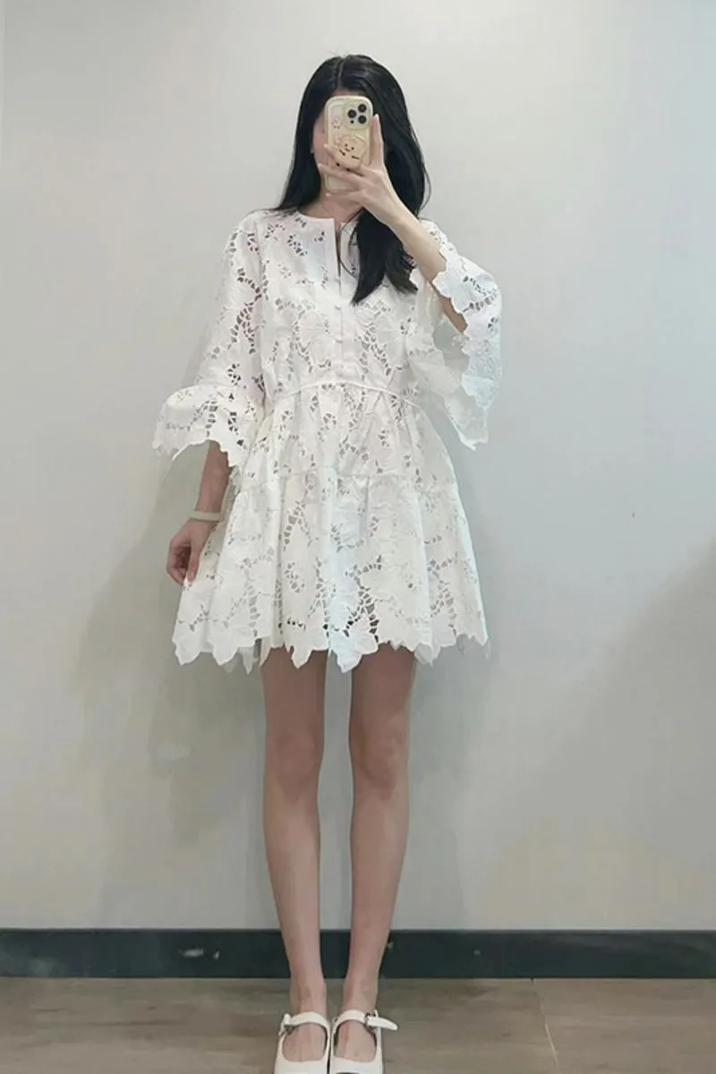 Women's white lace dress with sleeves on sale
