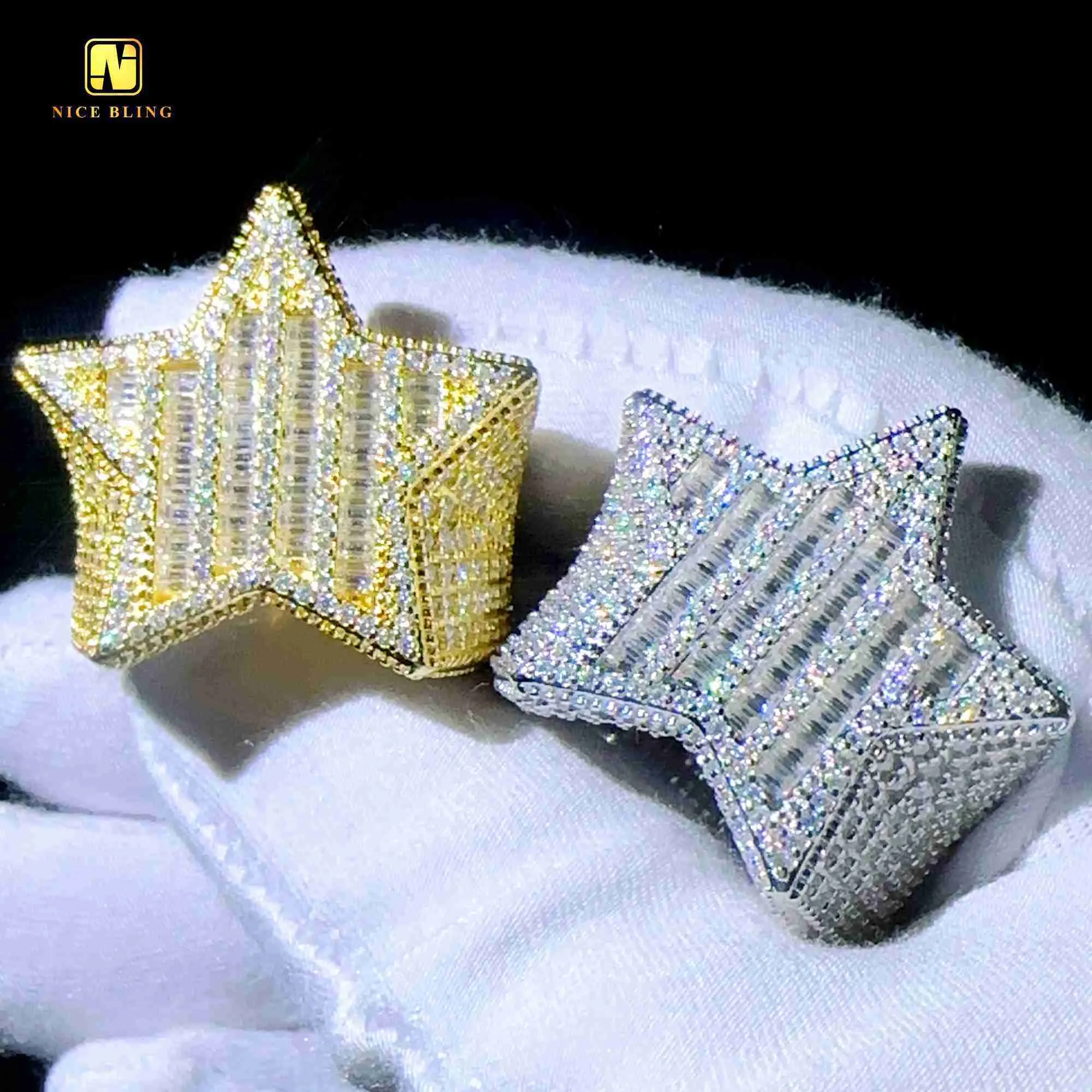 Hotsale sterling silver hiphop iced out jewelry baguette cut diamond rings moissanite stars ring