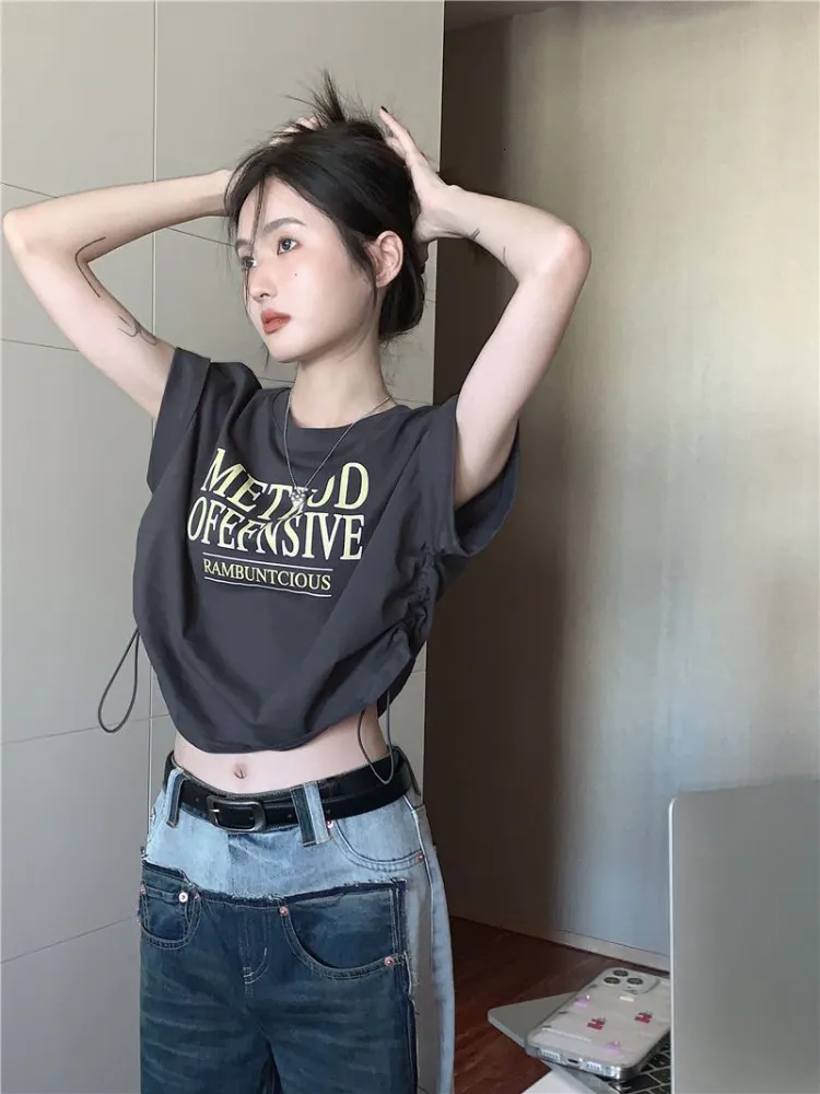 女性S Tシャツhikigawa甘いY2Kビンテージ半袖レタープリントドローストリングデザインハイウエストTシャツストリートウェアスリムなクロップトップ