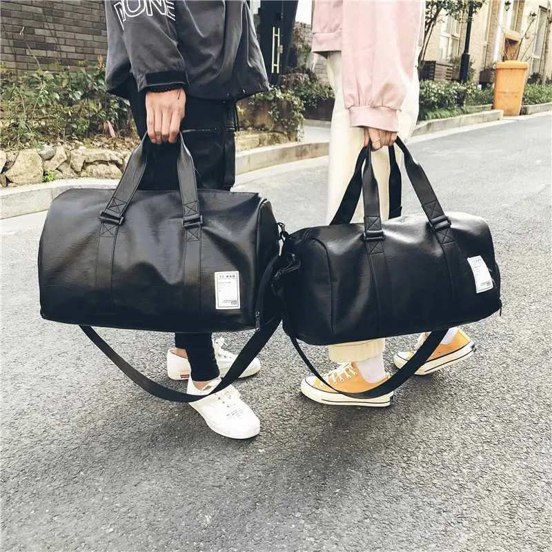 Customizable Durable PU Leather Black Travel Duffle Bag For