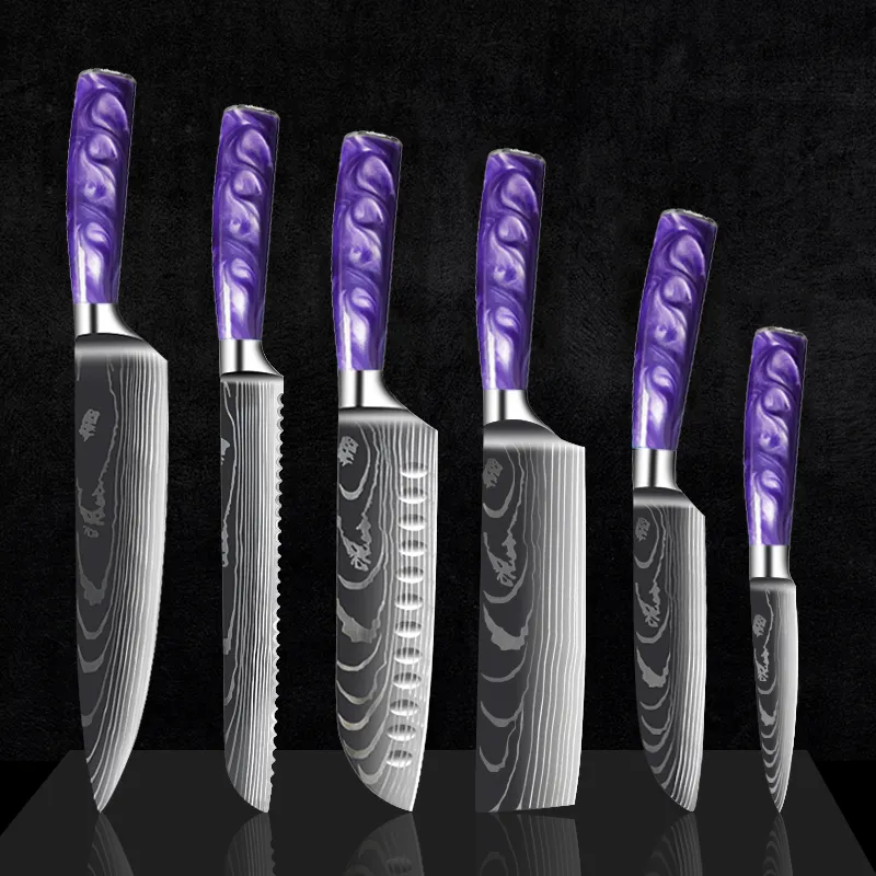 Chef Knife Set 1-10PCS New Purple Resin Handle Stainless Steel Damascus  Pattern Kitchen Non-Stick