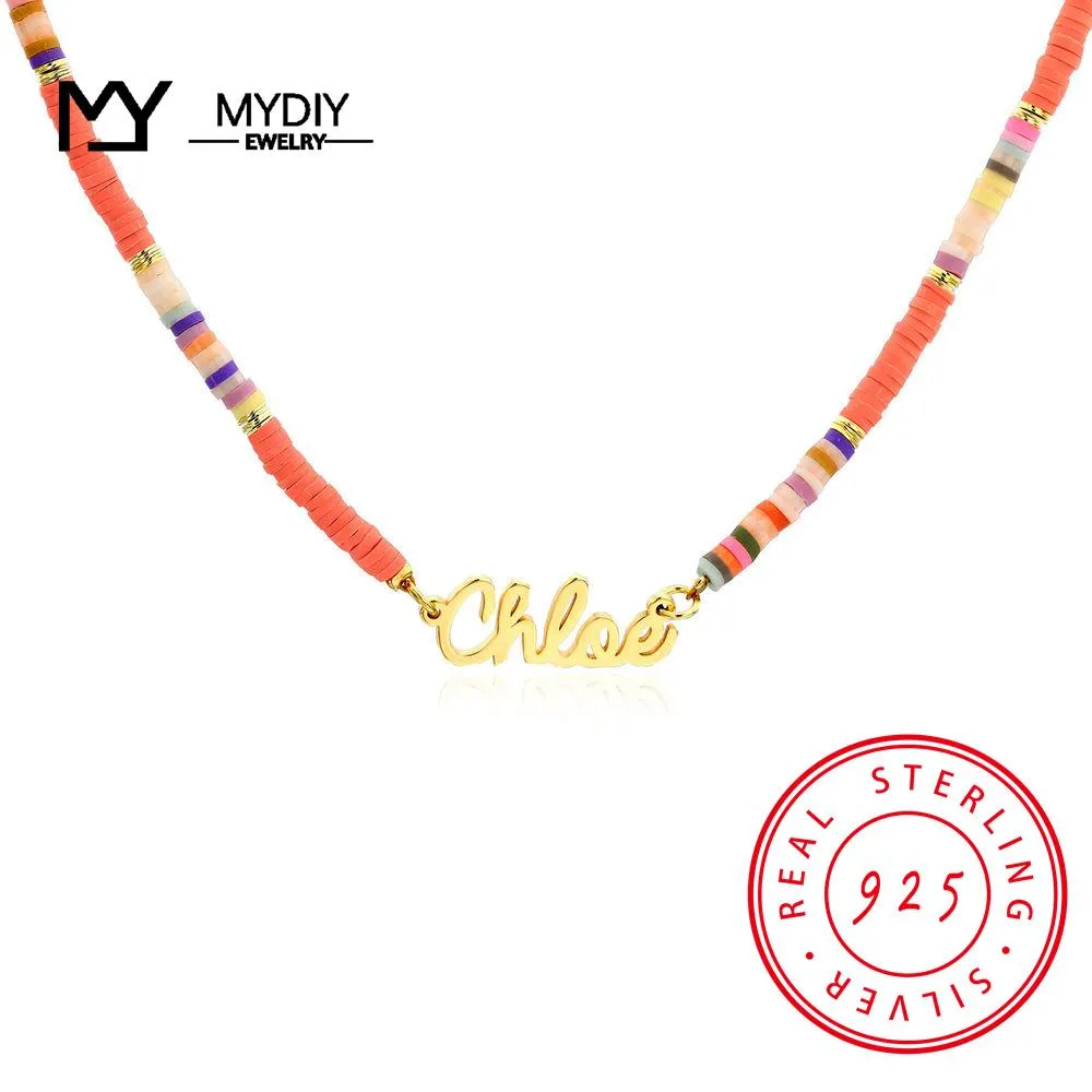 Necklaces 925 Silver Personalize Fimo Beads Name Necklace Rainbow Children Necklace Handmade Necklaces For Clothing Accessories for Women