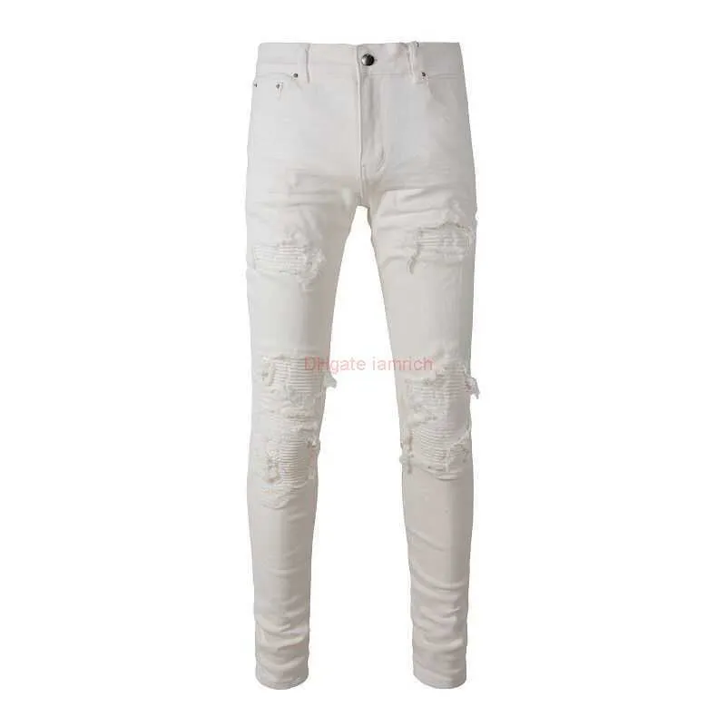 Vêtements de créateurs Amires Jeans Pantalons en denim High Street Marque de mode jeunesse Amies Jeans Blanc Slim Fit Élastique Petit pantalon à jambe droite Usé Patch Endommagé Amr Distres