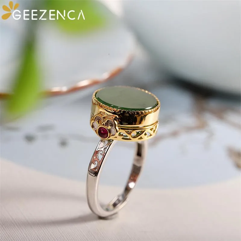 Sets GEEZENCA S925 Silver Jade Jasper Locket Ring Pendant Vintage Luxury Openable Lucky Rings Pendants Jewelry Sets Without Chain