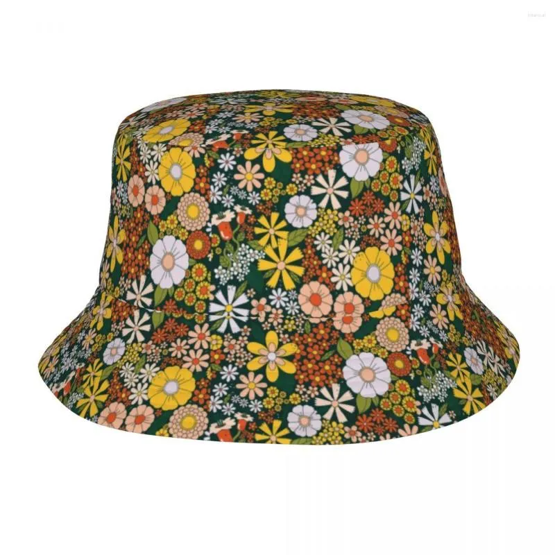 Berets Benutzerdefinierte Grüne Gänseblümchen Hippie Blumenmuster Eimer Hüte Frauen Männer Mode Sommer Outdoor Sonne Fischer Kappe