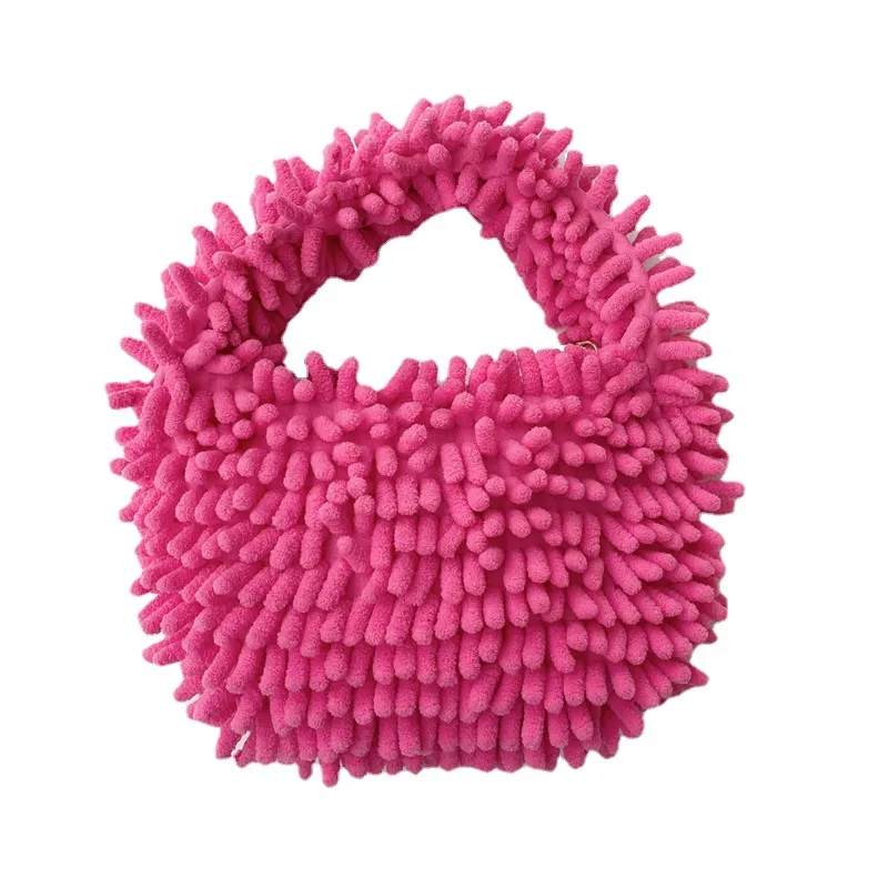 Custom Chenille Pink Ruched Solid Fluffy Hobo Satchel Handle Bag Monedero para mujer Bolso de hombro