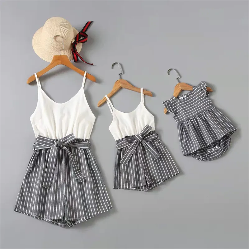 Family Matching Outfits Striped Mommy and Me Clothes Family Look OnePiece Mother Daughter Matching Overalls Dresses Fashion Woman Girls Tank Jumpsuits 230522
