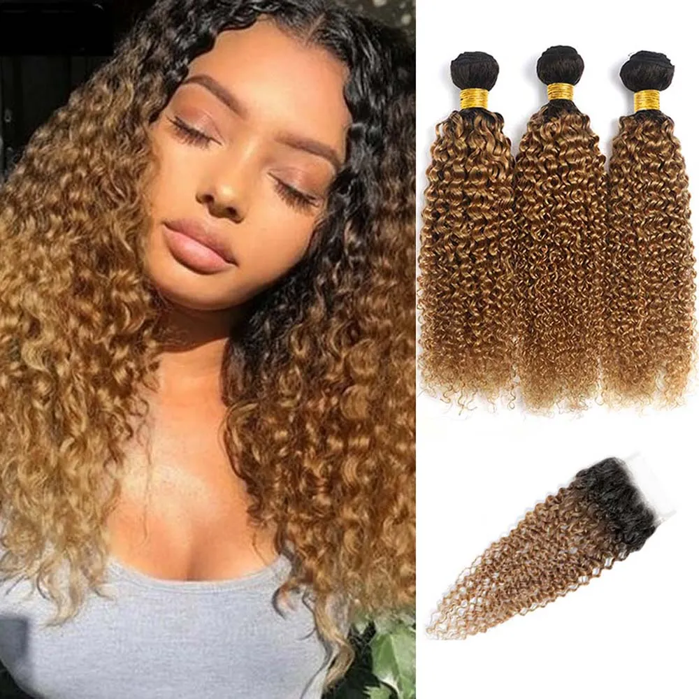 Kinky Curly Human Hair Bundles With 4x4 Lace Closure 1B 27 Ombre
