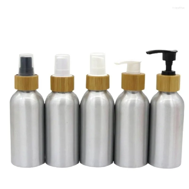 Opslagflessen Aluminium fles Refilleerbaar 4oz 120 ml Cosmetische verpakking Bamboe Wood PP Spray Lotion Pomp Lege Tin Metal Shampoo 20pcs