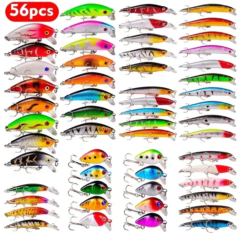 Balıkçılık Kancaları 56pcs Lot Yüce Karışık Yem Seti Wobbler Krankbaits ile Swimbait Minnow Sabit Yemler Spinners Sazan 230520