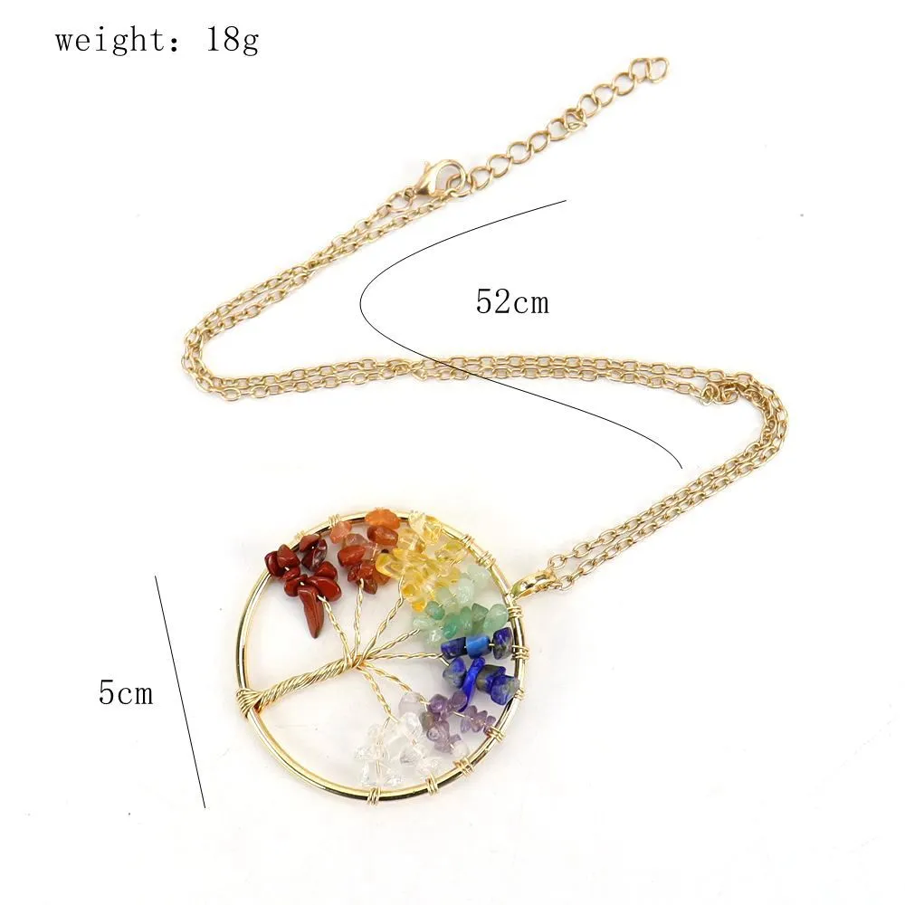 Irregular Chip Stone Crystal Wire Wrap Tree of Life Pendant Amethyst Rose Quartz Chakra Beads Necklace for Women Jewelry