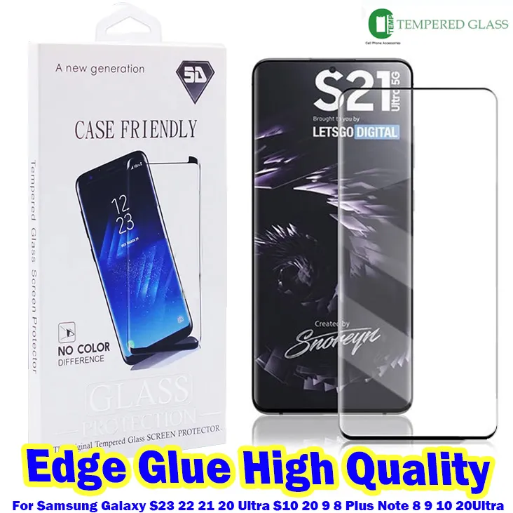 Protecteur d'écran Edge Glue de haute qualité en verre trempé pour Samsung Galaxy S23 S22 S21 S20 Utral S9 Note 20 10 S8 Plus Mate 30 Pro 3D incurvé