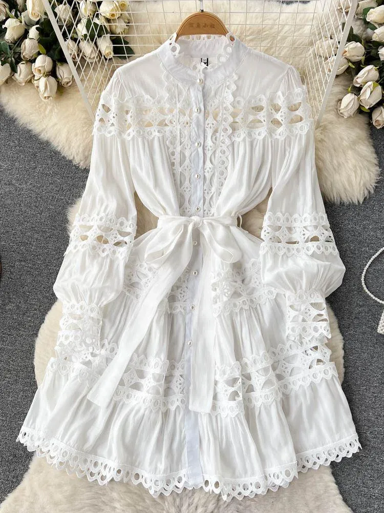 Casual Dresses Spring Summer White Mini Dress Women's Stand Long Lantern Sleeve Gorgeous Flower Emborery Hollow Out Lace Up Loose Vestidos