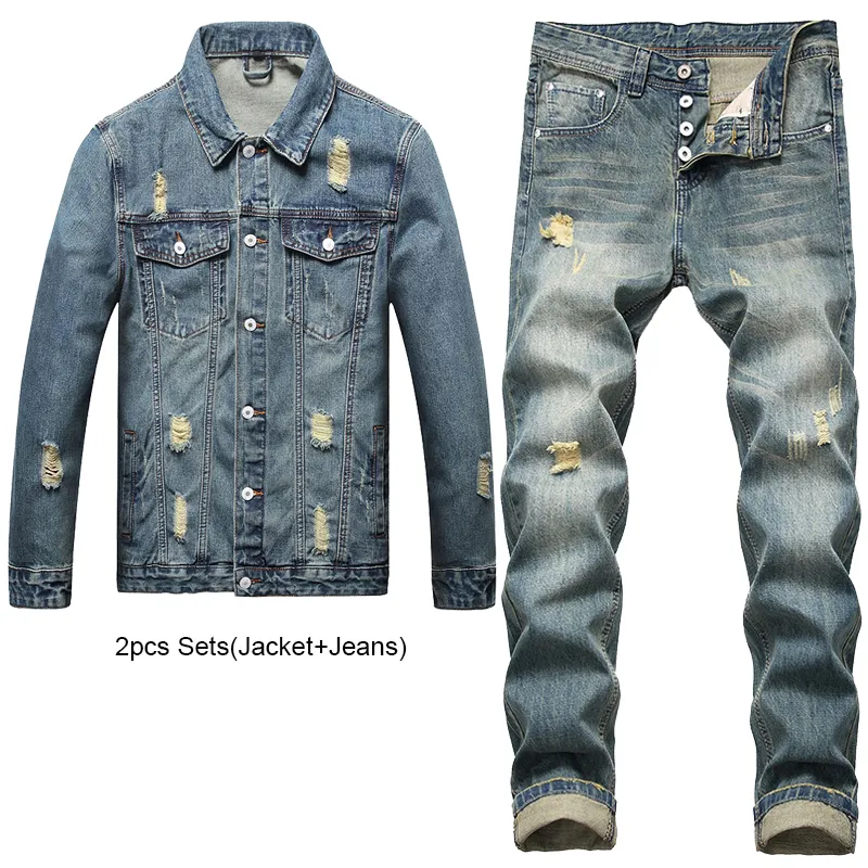 Nostalgische, schlichte, lässige Herren-2-teiliges Hosen-Set mit Lochmuster, schmale Passform, langärmelige Jeansjacke und Jeans, Frühlings-Herbst-Retro-Blau, Streetwear