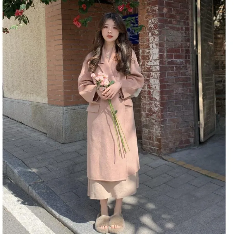 Misto lana da donna 2023 Cappotto di lana da donna autunno inverno Caldo Cappotti lunghi monopetto rosa Capispalla femminile elegante