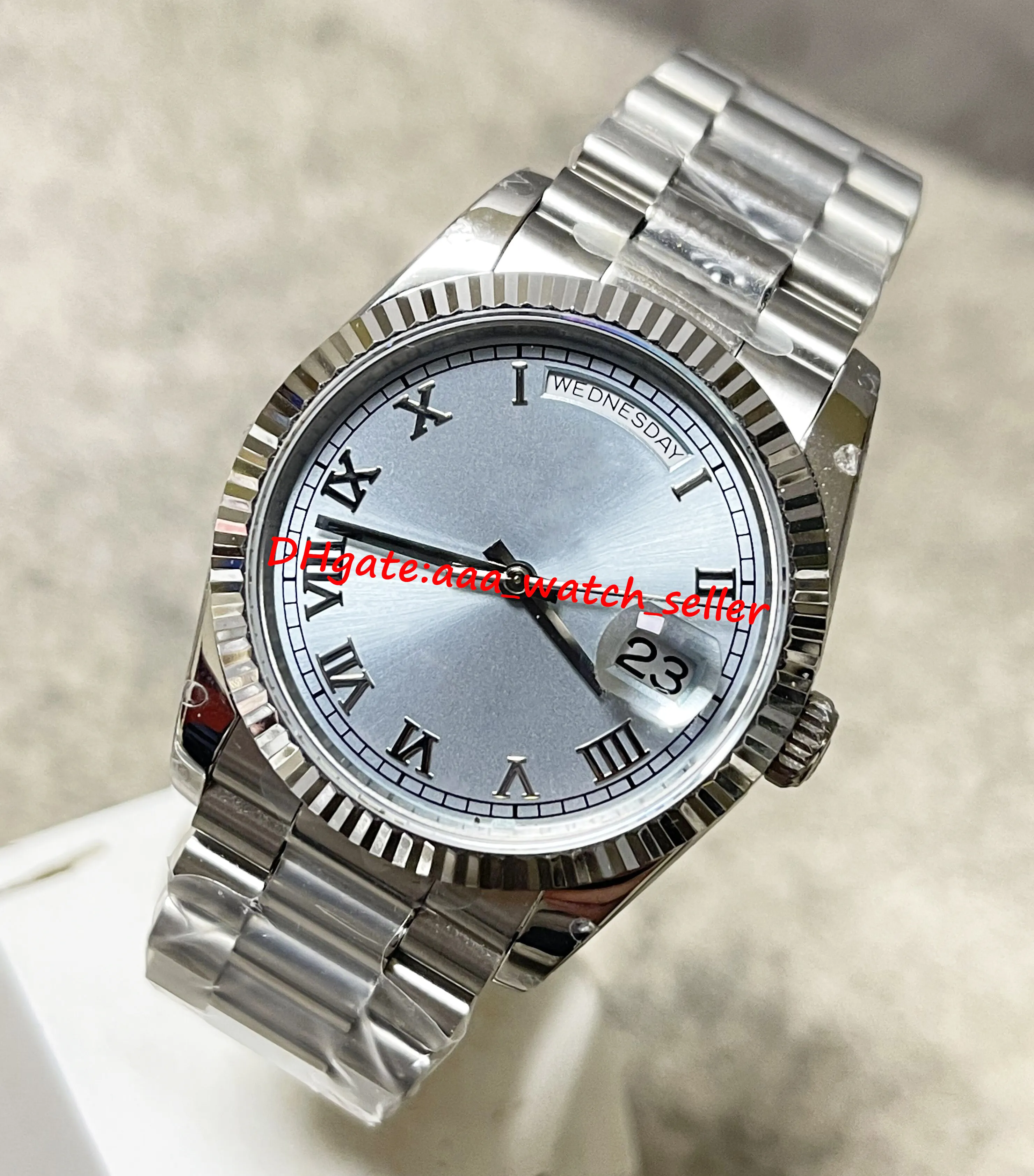 Premium 36mm Mens Automatic Watch Iced Blue Dial, Fluted Bezel