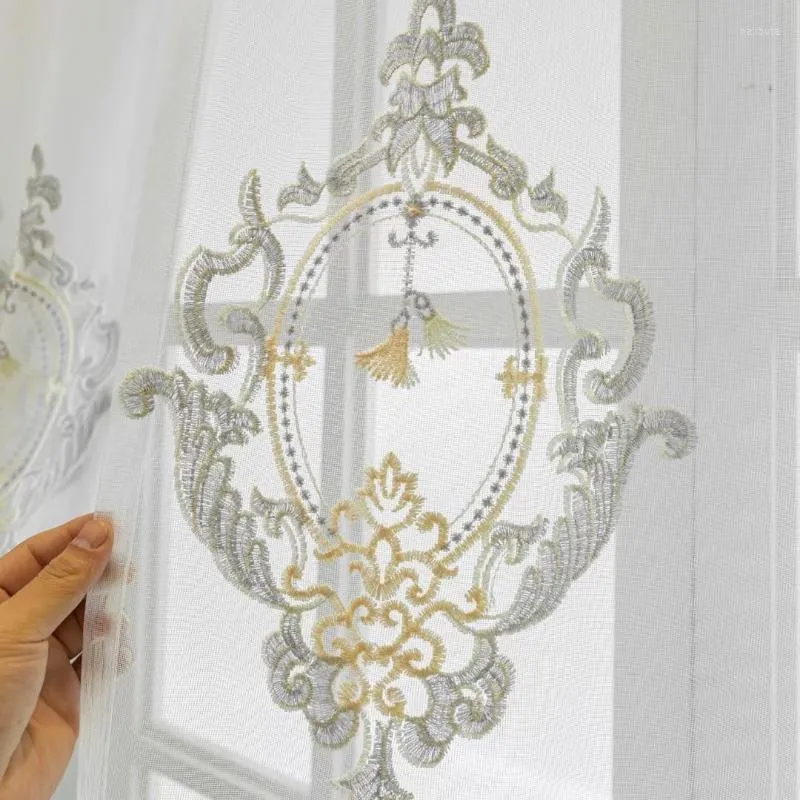 Rideau Européen Rideaux Pour Salon Salle À Manger Chambre Lumière De Luxe Broderie Fenêtre Tulle Bord Inférieur Avec Velours Blanc