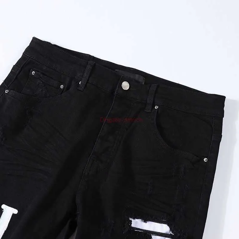 Designer Clothing Amires Jeans Denim Pants Amies Fashion Brand Black Cow  Washed with Water Broken Holes Made Old White Letter Patchwork Elastic Slim 