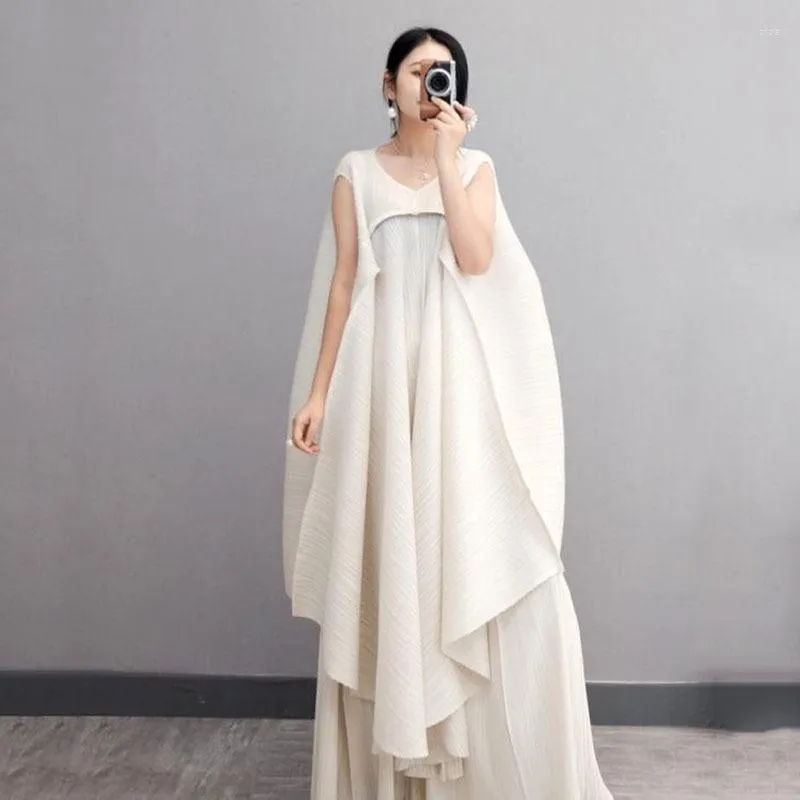 Casual Dresses Woman Pleated Maxi Dress Oversized Solid Pullover Drawstring High Elastic Style Summer Fashion