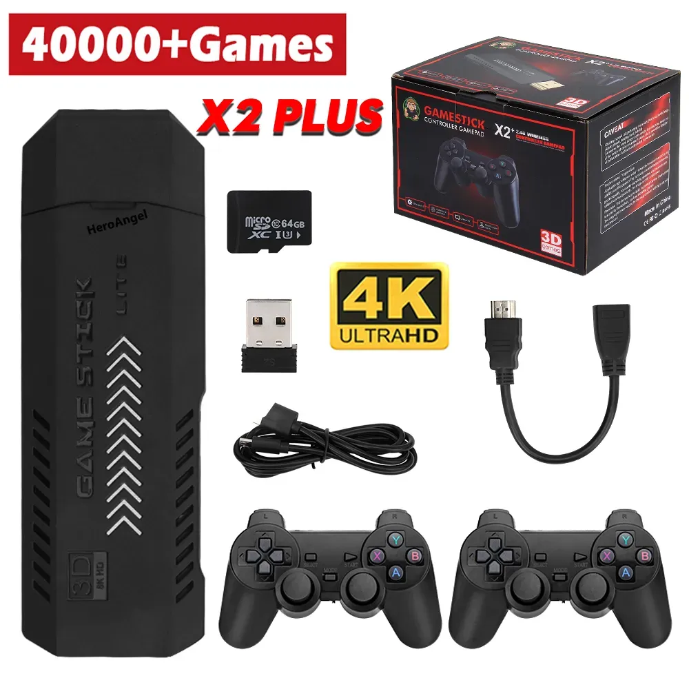 X2 Plus GameStick 3D Retro Video Game Console 2.4G Contrôleurs sans fil HD 4.3 Système 40000 Jeux 40 Émulateurs pour SEGA / PSP / PS1