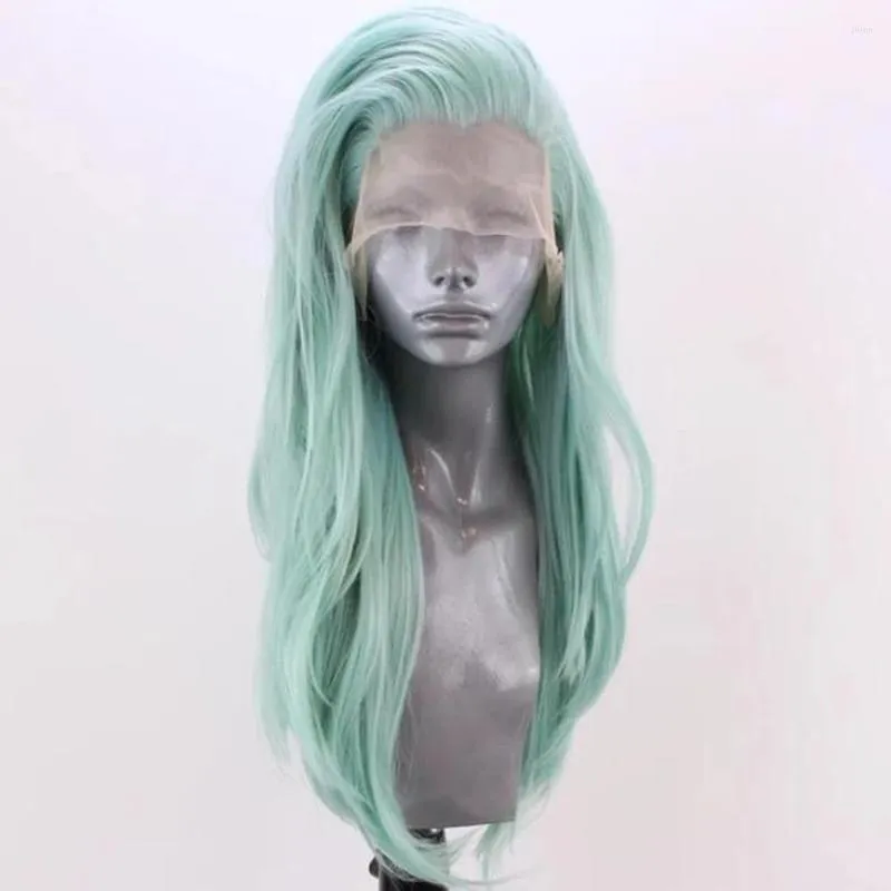 Vert menthe Long Gris Vague Naturelle Sans Colle Résistant À La Chaleur Fibre Cheveux Synthétique Avant De Lacet Pour Les Femmes Avec Partie Libre