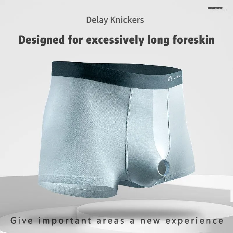 Underbyxor män bekväma underkläder reducera känslighet sexig boxare stor penispåse hål förhud exponera underkläder förlänga sextidshorts